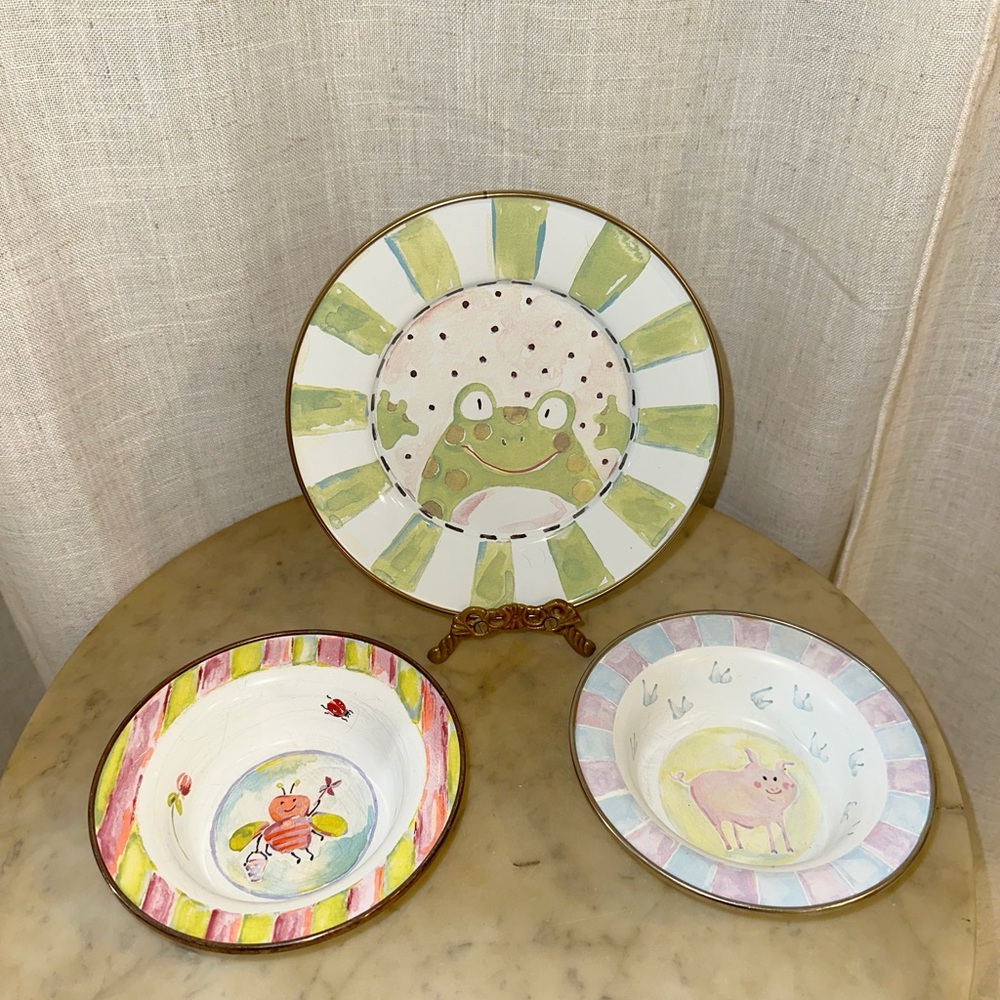 Mackenzie-Childs Hand-Painted Animal Enamel Plate & Bowl Set